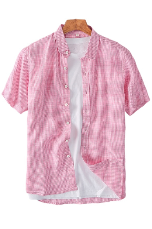 Chemises à carreaux à manches courtes pour hommes, col rabattu, hauts décontractés, en lin, basique, rose, Slim Fit, vêtements masculins, nouvelle collection été