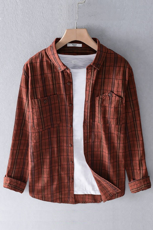 Chemise à carreaux à manches longues pour hommes automne nouveau 100% coton rouge col rabattu décontracté mâle tout match vêtements