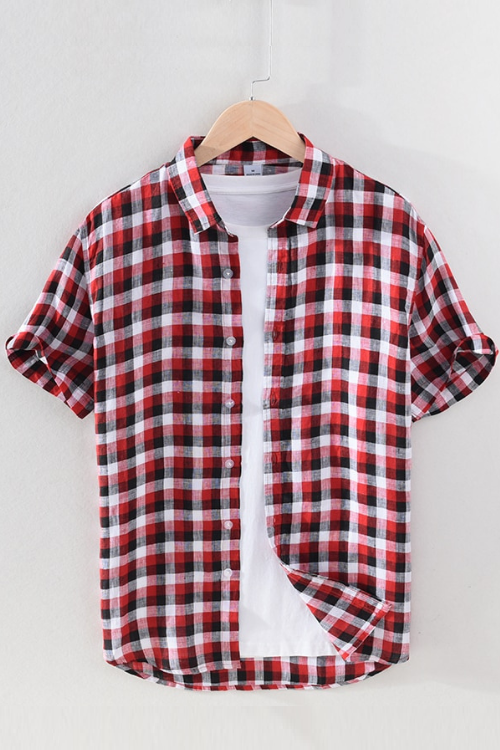Red Plaid Short Sleeve Shirt for Men 100% Pure Linen Casual Turn-down Collar Tops Summer New Male Button Up Shirt