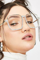 Diamond Square Sunglasses Women Clear Lens Crystal Frame Gradient Blue Tea Elegant Female Eyewear UV400