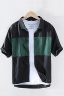 Retro Contrast Color Stitching Short Sleeve 100%Pure Linen Shirt Men's Casual Art Slim Fit Black Clothing