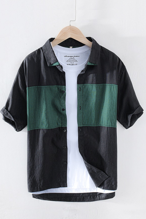 Retro Contrast Color Stitching Short Sleeve 100%Pure Linen Shirt Men's Casual Art Slim Fit Black Clothing