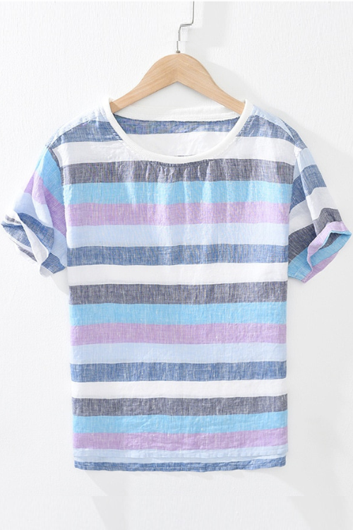 T-shirt rayé hommes été nouveau lin à manches courtes T-Shirts décontractés homme hauts