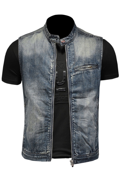 Summer Retro Jean Jacket Men's Denim Vest Coats Blue Slim Stand Collar Zipper Sleeveless Motorcycle Waistcoat Cowboy