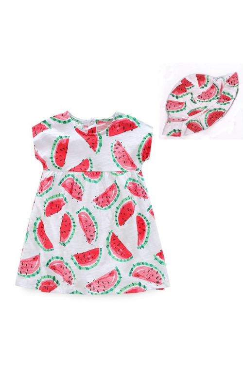 Summer Kids Clothing Children Dress Cartoon Watermelon Dress Infant Short Sleeve Dress with Hat Outing Baby Girl Clothes