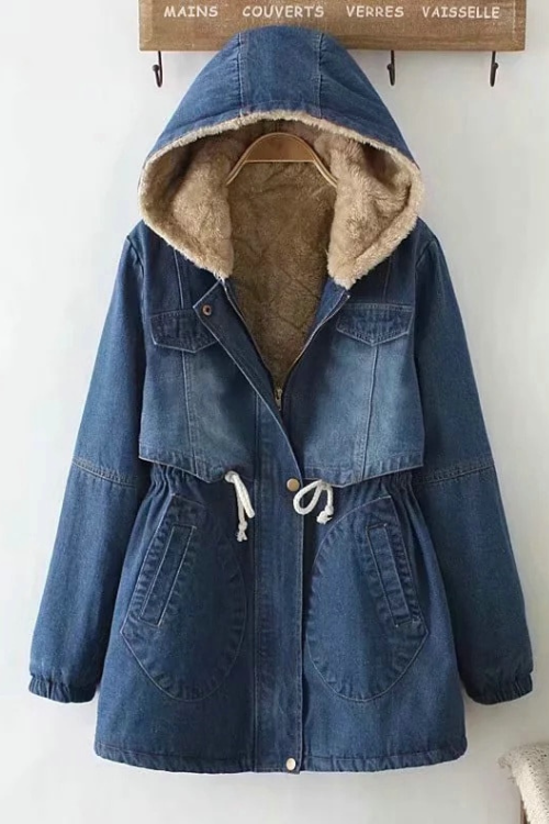 Denim Coat For Winter Women Fur Liner Warm Hooded Solid Blue Slim Drawstring Slim A-Line Fashion Outwear Coat Jackets Tops