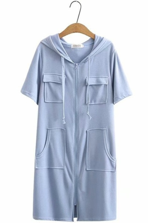 Robe d'été à capuche pour femmes Solide A-ligne Patchwork Zipper Up Robes mi-longues
