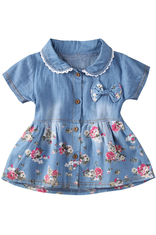Toddler Girl Floral Bowknot Short Sleeve Princess Denim Dress Outfit Baby Infantil Baby Girl Costume Summer Dress