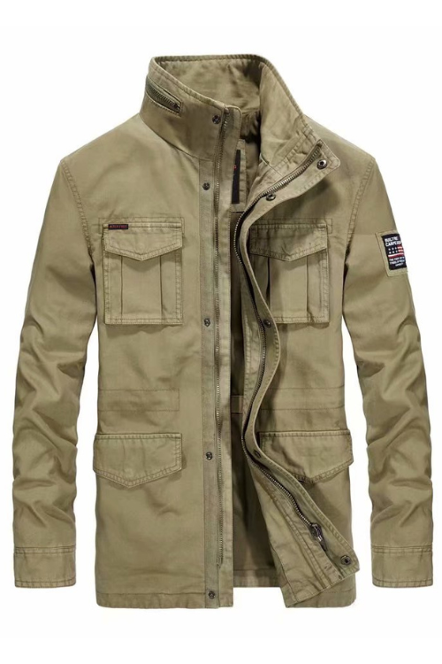 Cotton Denim Jackets Men Long Stand Collar Multi-pocket Casual Coat Military Men's Windbreakers Jacket