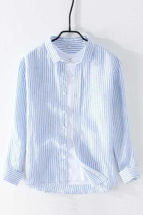 Chemise à manches longues pour hommes décontracté rayé col rabattu hauts 100% lin vêtements réguliers
