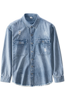 Ripped Denim Shirt for Men Turn-down Collar Cotton Vintage Tops Male Double Pocket Decoration Cowboy Clothes