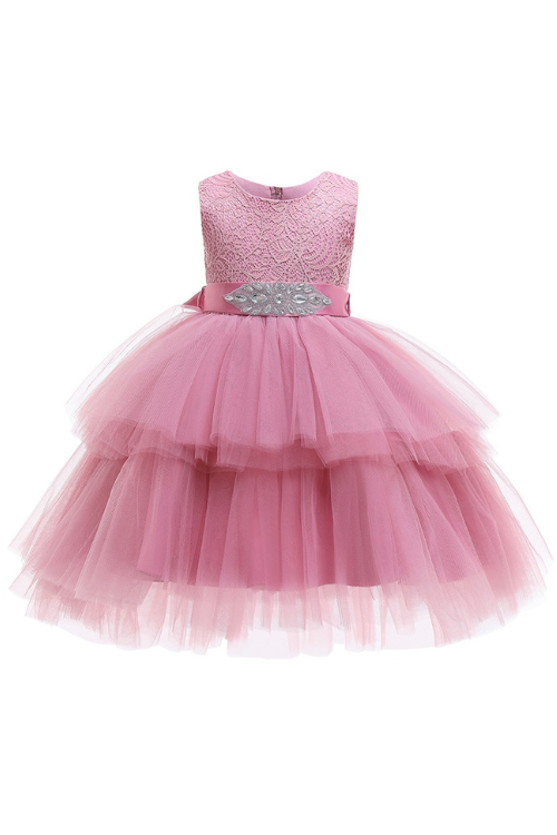 Robe de soirée en tulle pour filles, tenue de soirée élégante, sans manches, en dentelle, avec ceinture, robes de princesse de noël à plusieurs niveaux