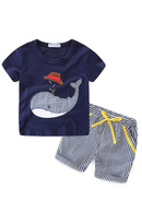 Boys Outfits Cute Cartoon Whale Pattern T-Shirts and Striped Summer Shorts Set for Kids Clothes Beach Suit