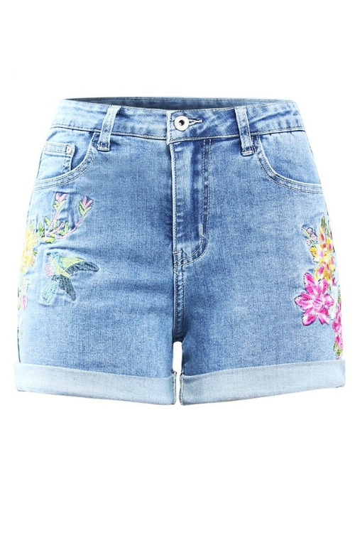 Summer Embroidery Floral Shorts Women`s Stretchy Denim Shorts For Women