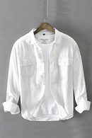 Long Sleeve Shirt for Men Pure Cotton Two Pocket Button Up Tops Male Casual Daily Solid White Turn-down Collar Retro Clothes
