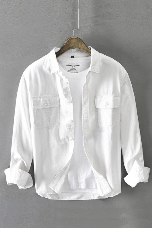 Long Sleeve Shirt for Men Pure Cotton Two Pocket Button Up Tops Male Casual Daily Solid White Turn-down Collar Retro Clothes