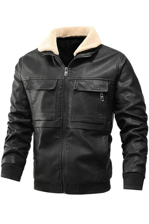 Men's Leather Jacket Winter Fleece Collar Windbreaker Leather Coats Men Slim Fit Faux Leather Motorcycle Jackets Clothing
