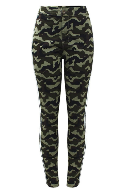 High Waist Army Green Jeans With White Side Stripes Women`s Camouflage Pencil Denim Pants Woman