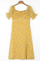 Summer Elegant Yellow Floral Dress Women French Vintage Chiffon Jacquard Weave Sexy Dress