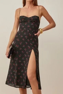 France Sexy Spaghetti Forking Party Dress Indie Folk vintage Cherry Suspender Dress Women