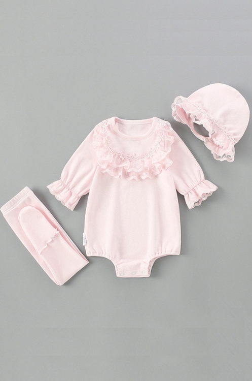 Vêtements d'automne en dentelle pour enfants, vêtements pour bébés filles, body + chapeau + serré, combinaison 3 pièces/ensemble, combishort, 0-2 ans