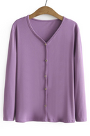 Autumn Women T-Shirt High Stretch Slim Fit Basics Tops Casual V-Neck Button Decoration Long Sleeve Tees