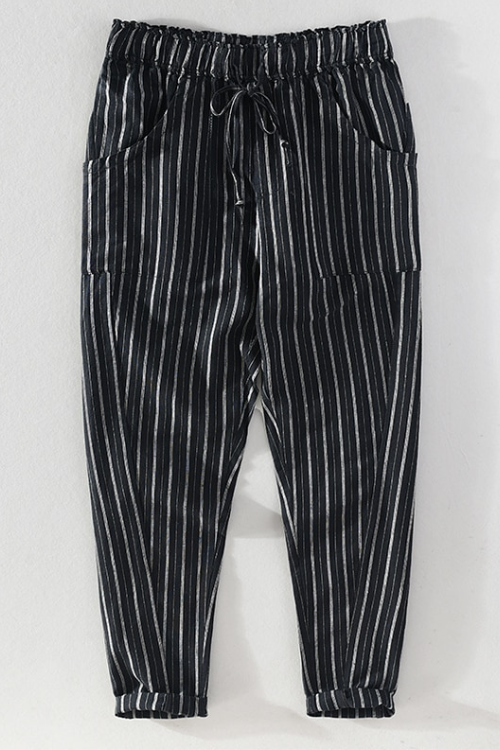 Summer Casual Stripe Pants for Men Cotton Linen Slim Fit Fashion Drawstring  Trousers Male Brand Clothing