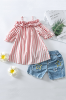 Summer 2pcs Kids Girls Clothes Sets 1-5Y Striped Off Shoulder Short Sleeve T Shirts Tops Denim Hole Shorts