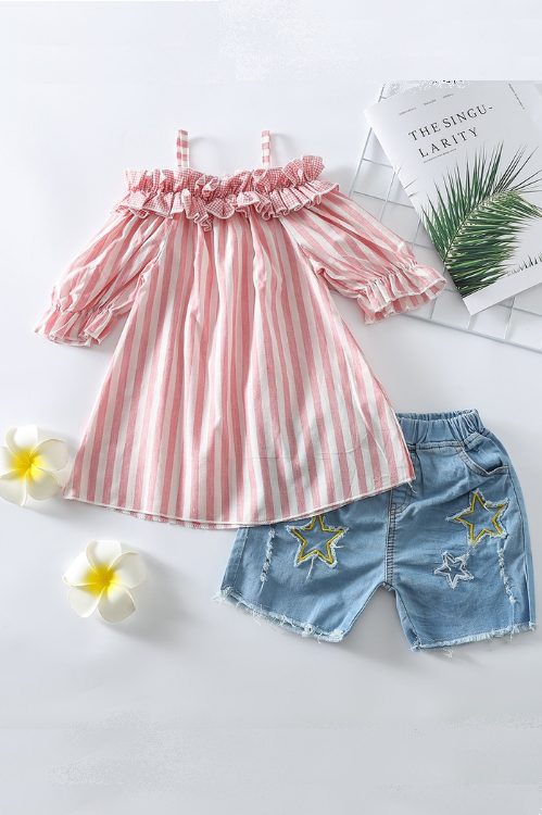 Été 2 pièces enfants filles vêtements ensembles 1-5Y rayé épaules dénudées à manches courtes t-shirts hauts Denim trou Shorts