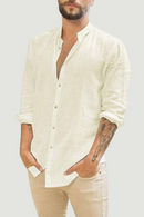 Men Long-Sleeved Shirts Summer Solid Stand-Up Collar Casual Beach Style