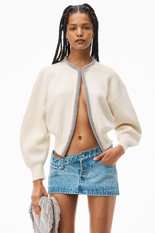 Women Crystal Front Wool Short Rhinestone Cardigan High Quality Knitted Top Shines Winter Sweater Clothing