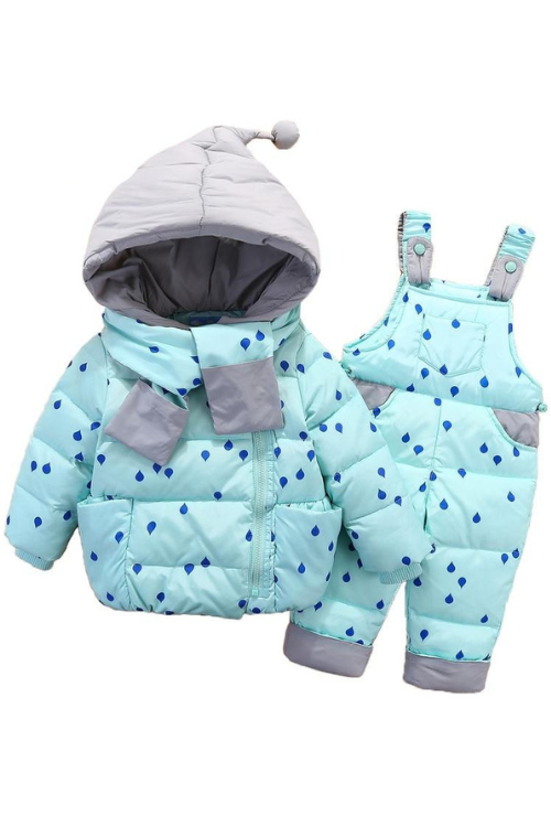 Ensemble de vêtements d'hiver pour garçons et filles, manteau en duvet foncé à pois + salopette, combinaison de neige chaude et coupe-vent pour enfants en bas âge