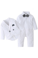 Long Sleeve White Baby Baptism Dress for Boys Romper with Double Breasted Coat Solid Newborn Children Set
