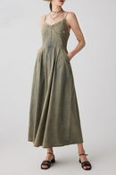Denim Denim Long Dresses For Women Square Sleeveless High Waist Spliced Pockets Vintage Casual Dress Female Style