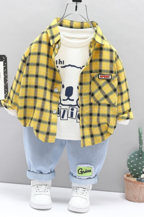 Spring Kid Boy Shirt Clothing Outwear Suit Set Plaid Coat + T Shirt + Pants 3PCS Boys Kids Clothes
