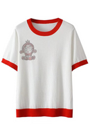 T-Shirt For Women Clothes Ice Silk Knitted Tops Casual Hot Drill Little Monkey Contrast Tee Summer