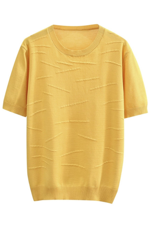 Women Ice Jacquard Knitted Summer Tees Casual Short Sleeve O-Neck Solid Tops