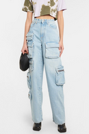 Streetwear Blue Wide Leg Pants For Women High Waist Patchwork Pockets Solid Korean Fashion Trousers Female Clothing