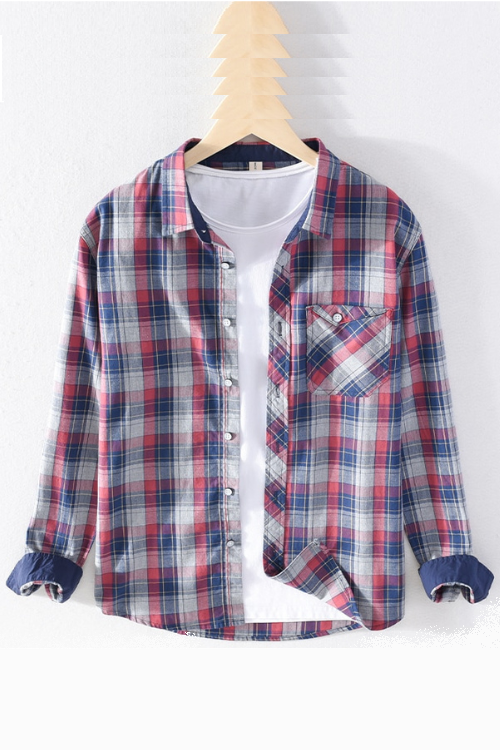 Men Red Pure Cotton Turn-down Collar Casual Tops Male Daily Button Up Vintage Clothing Blouse