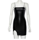 Women Sexy Club Dress With Reflective Letter Party Attrative Dress Female Summer Spaghetti Strap PU Dress Casual