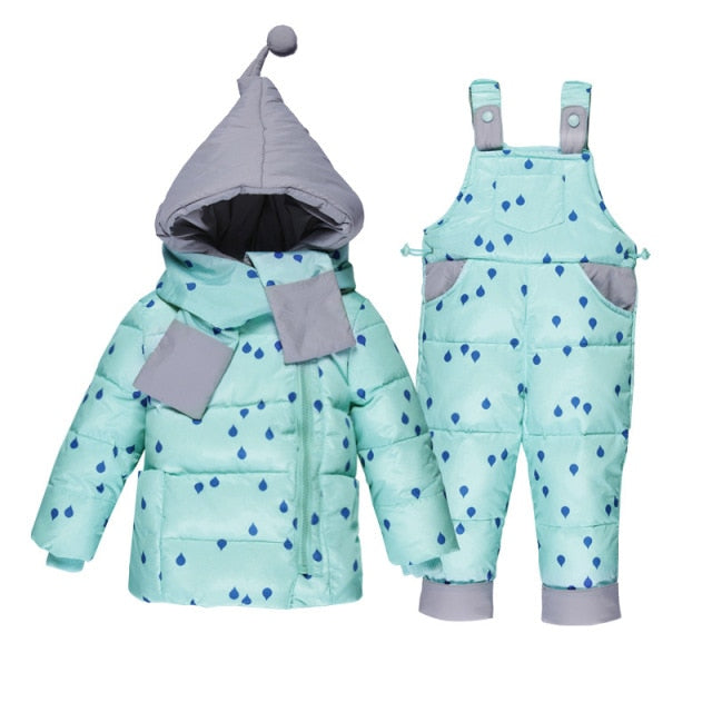 Ensemble de vêtements d'hiver pour garçons et filles, manteau en duvet foncé à pois + salopette, combinaison de neige chaude et coupe-vent pour enfants en bas âge