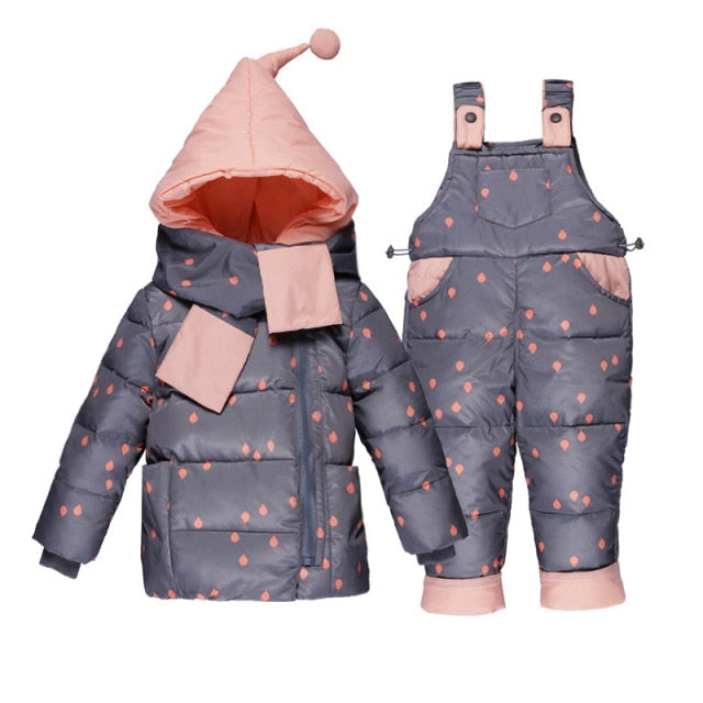 Ensemble de vêtements d'hiver pour garçons et filles, manteau en duvet foncé à pois + salopette, combinaison de neige chaude et coupe-vent pour enfants en bas âge