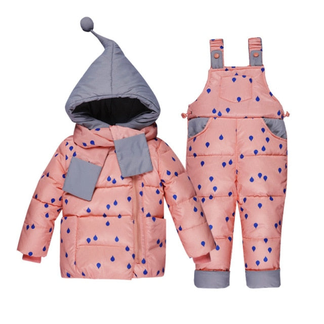 Ensemble de vêtements d'hiver pour garçons et filles, manteau en duvet foncé à pois + salopette, combinaison de neige chaude et coupe-vent pour enfants en bas âge