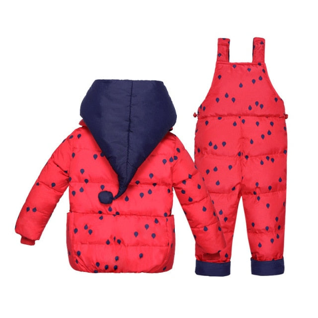 Ensemble de vêtements d'hiver pour garçons et filles, manteau en duvet foncé à pois + salopette, combinaison de neige chaude et coupe-vent pour enfants en bas âge