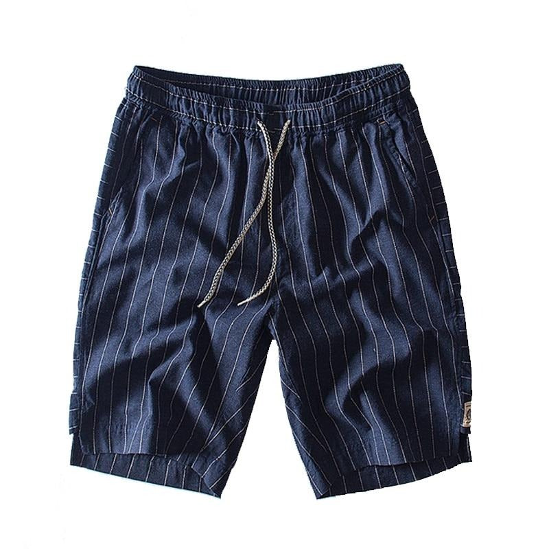 New arrival Striped shorts men summer trend 100% cotton linen shorts knee length straight elastic male shorts