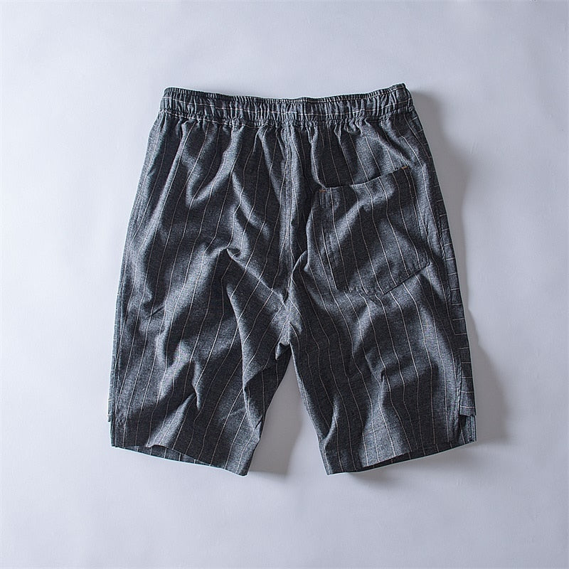 New arrival Striped shorts men summer trend 100% cotton linen shorts knee length straight elastic male shorts