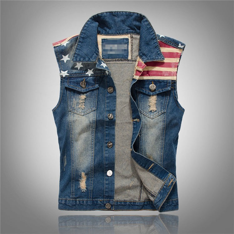 Mens Denim Vest Men Cowboy Ripped Sleeveless Vintage Jacket Tank Spring USA Flag washed Jeans Vest