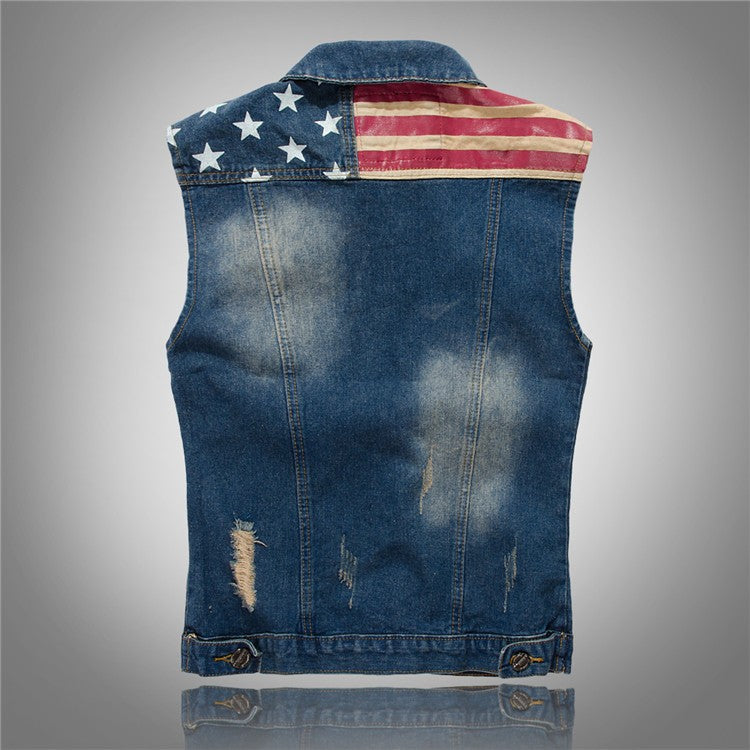 Mens Denim Vest Men Cowboy Ripped Sleeveless Vintage Jacket Tank Spring USA Flag washed Jeans Vest