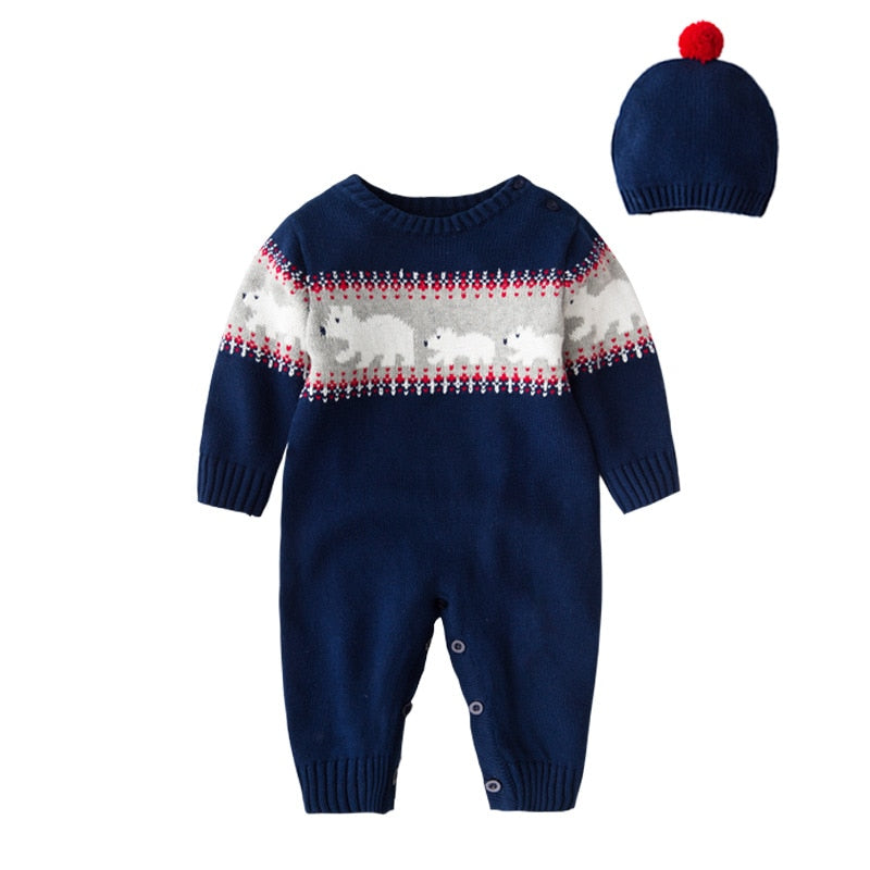 Newborn Baby Clothes Long Sleeve Bear Knitted Baby Christmas Rompers Baby Onesie Clothes Kids Jumpsuit