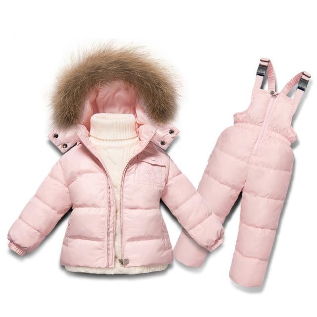Ensemble de vêtements d'hiver pour garçons et filles, manteau en duvet de canard blanc + salopette, 2 pièces, vêtements de neige pour enfants, combinaison de Ski coupe-vent